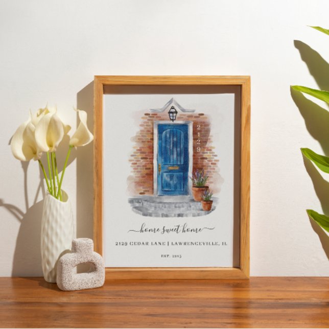 Poster Accueil Sweet Home Aquarelle Rouge brique et porte (Home Sweet Home Watercolor Red Brick & Blue Door Poster)
