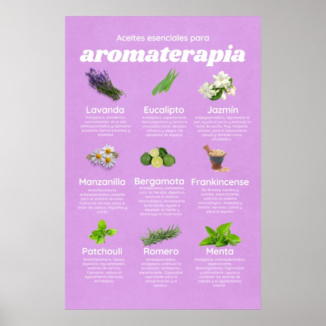 Poster Aceites esenciales aromaterapia en español lavanda (Devant)