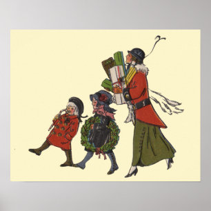 Poster Achats de Noël vintage en famille, plaisir garanti