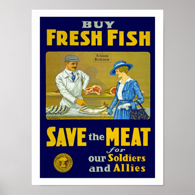 Poster Acheter du poisson frais ~ Sauvez la viande (Devant)