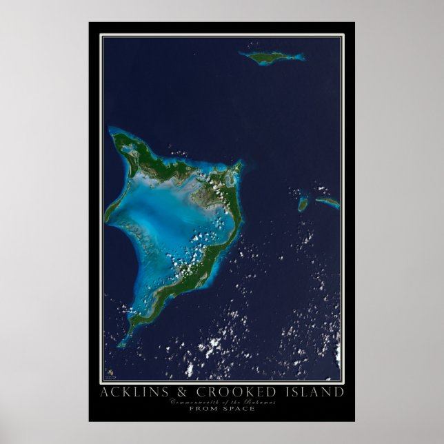 Poster Acklins et Crooked Island Bahamas Carte spatiale (Devant)