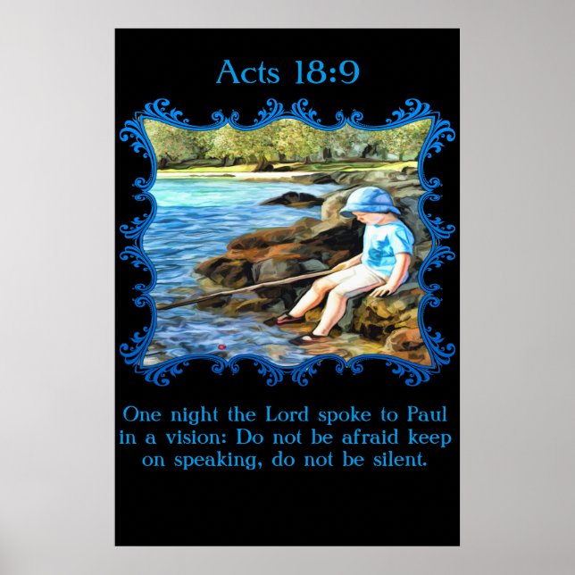 Poster Actes 18:9 Enfant garçon pêche dans la rivière. (Devant)