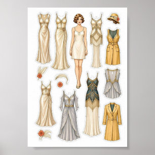 Poster Activité de découpage de poupées en papier vintage
