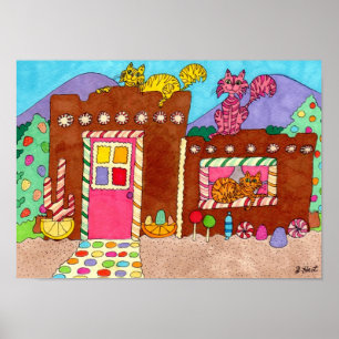 Poster Adobe Gingerbread Maison avec chats Folk Art