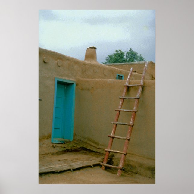 Poster Adobe Pueblo Taos Porte Bleue Et Échelle (Devant)