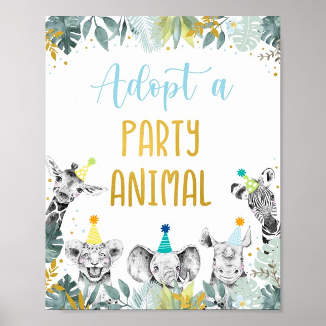 Poster Adopter une Partie Animal Blue Gold Signer Anniver (Devant)