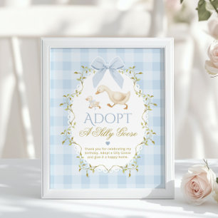 Poster Adoptez une oie idiote bleu Gingham 1er anniversai