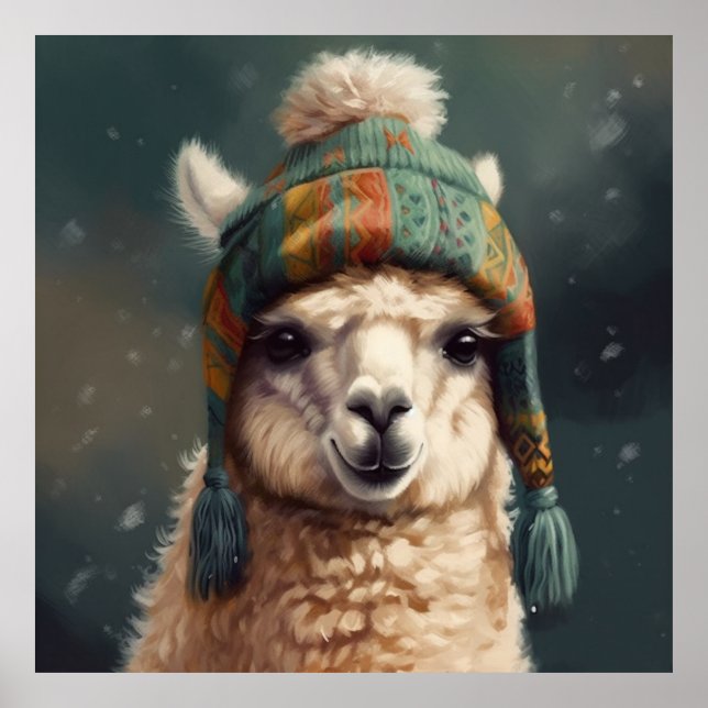 Poster Adorable alpaga portant mignon beanie bolivienne (Devant)