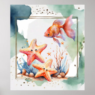 Poster Adorable Amis sous-marins Poisson et Starfish