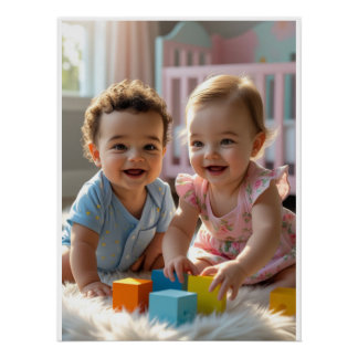 Poster Adorable Baby Duo Jouer dans une crèche éclairée p