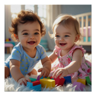 Poster Adorable Baby Duo Jouer dans une crèche éclairée p