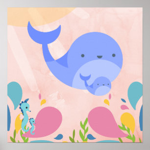 Poster Adorable baleines bleues dans une scène océanique 