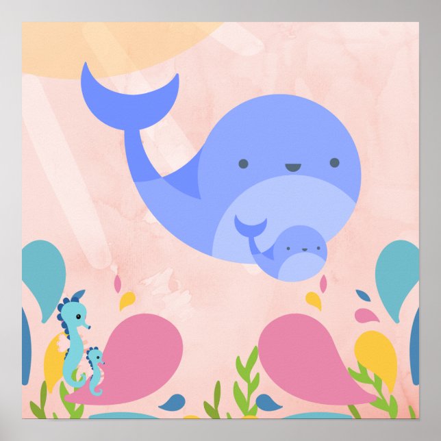 Poster Adorable baleines bleues dans une scène océanique  (Devant)