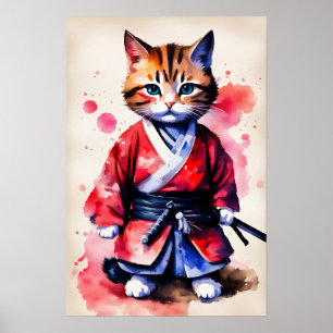 Poster Adorable bébé chat samouraï art aquarelle