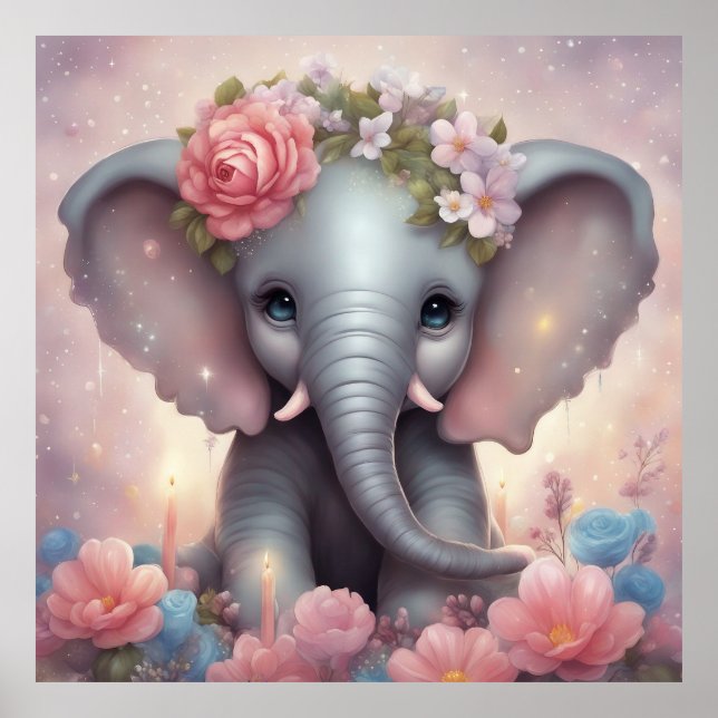 Poster Adorable bébé éléphant avec fleurs (Devant)