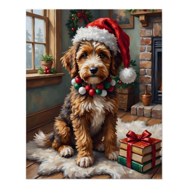 Poster Adorable Bernedoodle Dog Cozy Knitted Santa Hat (Devant)