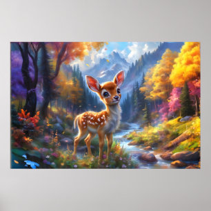 Poster Adorable Cerf de Bébé dans une forêt enchantée