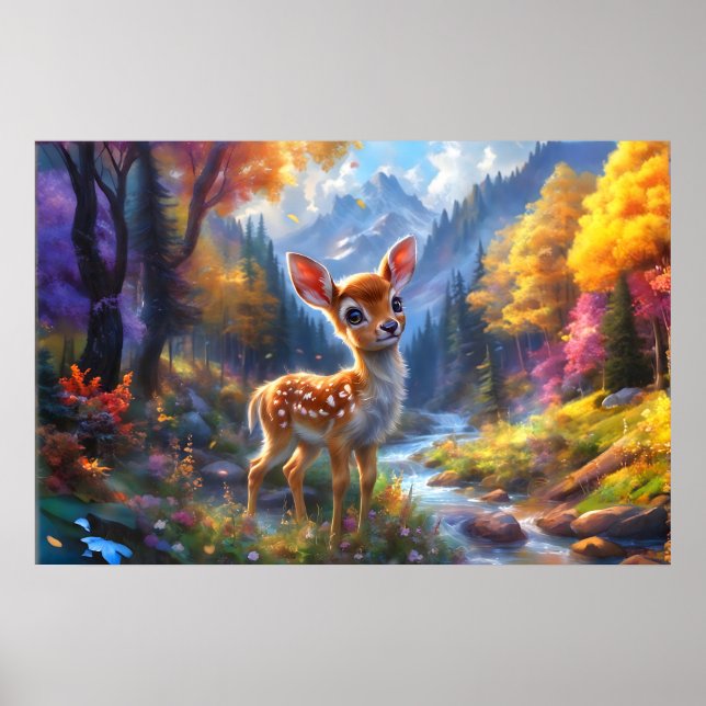Poster Adorable Cerf de Bébé dans une forêt enchantée (Devant)