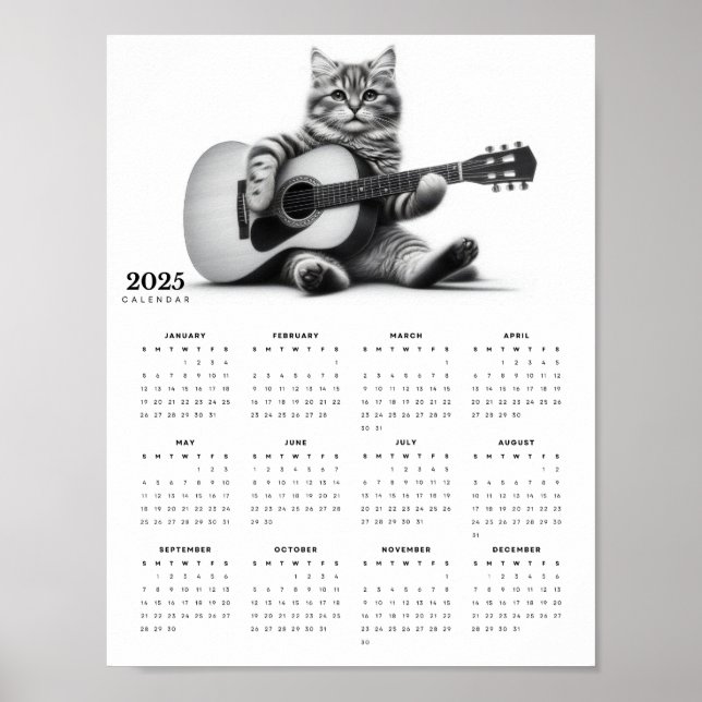 Poster Adorable Chat Jouer Guitare Acoustique 2025 Calend (Devant)