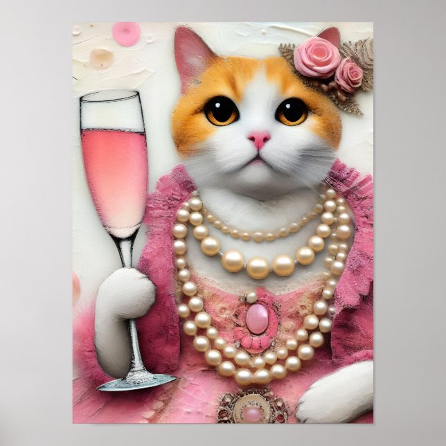 Poster Adorable Chat Rose Robe avec Perles avec Boire (Devant)