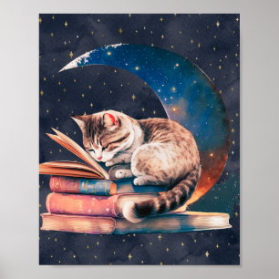 Poster Adorable Chat sur la Lune Lire un livre