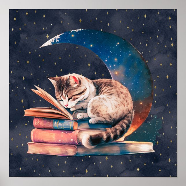 Poster Adorable Chat sur la Lune Lire un livre (Devant)