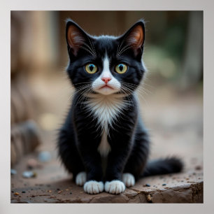 Poster Adorable chaton noir et blanc assis à l'extérieur