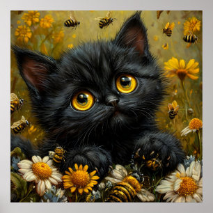 Poster Adorable Chaton Noir Parmi les Fleurs