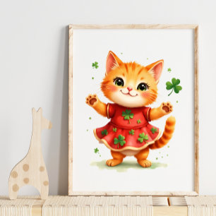 Poster Adorable chaton orange en robe trèfle