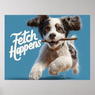 Poster Adorable Chiot Mid-Air Courir avec un bâton