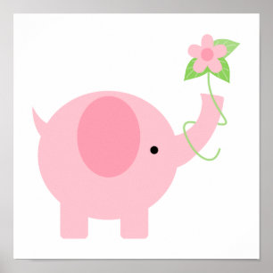 Poster Adorable éléphant rose avec fleurs