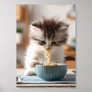 Poster Adorable Fluffy Kitten mangeant des nouilles Ramen
