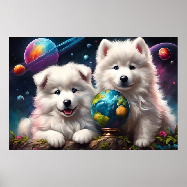 Poster Adorable Fluffy Samoyé Puppies, Paix sur Terre (Devant)