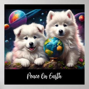 Poster Adorable Fluffy Samoyé Puppies, Paix sur Terre