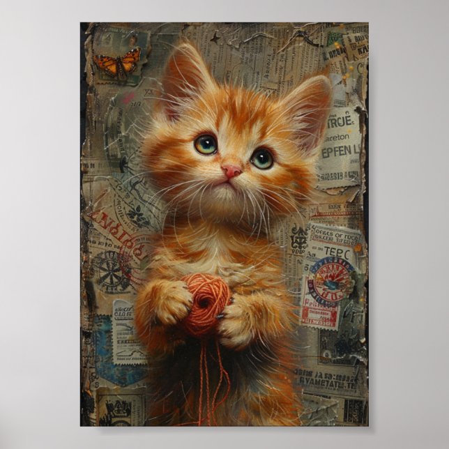 Poster Adorable Ginger Kitten avec collage en fil (Devant)