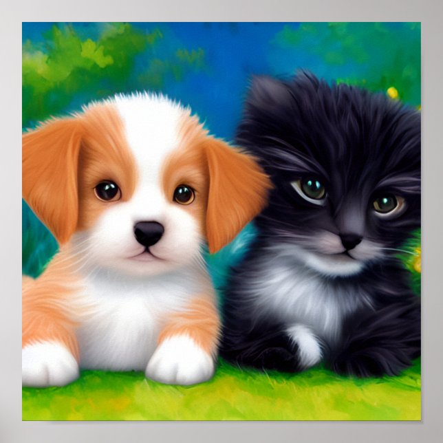 Poster Adorable Kitten Et Chiot Se Détendre Sur La Pelous (Devant)