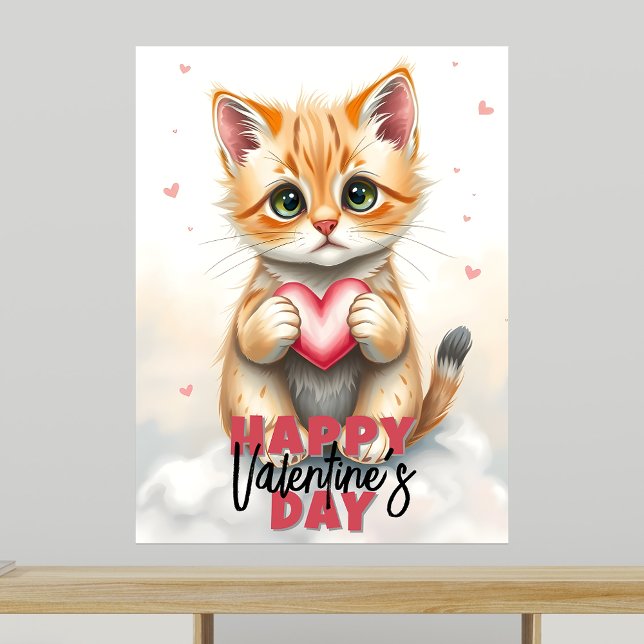 Poster Adorable Kitten tenant le coeur rose Saint-Valenti (Créateur téléchargé)
