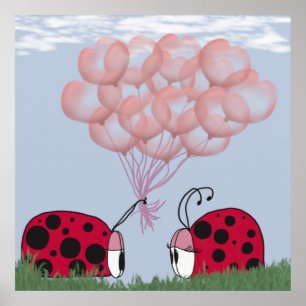 Poster Adorable Ladybug Avec Joli Bouquet De Balloon Rose
