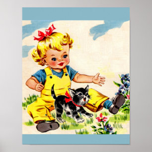Poster adorable little girl with adorable little kitten