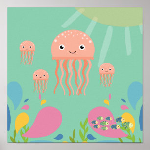 Poster Adorable méduse dans l'océan bleu bébé,