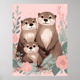 Poster Adorable Otter Boho rose Rose Maman Papa et bébé