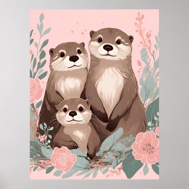 Poster Adorable Otter Boho rose Rose Maman Papa et bébé (Devant)