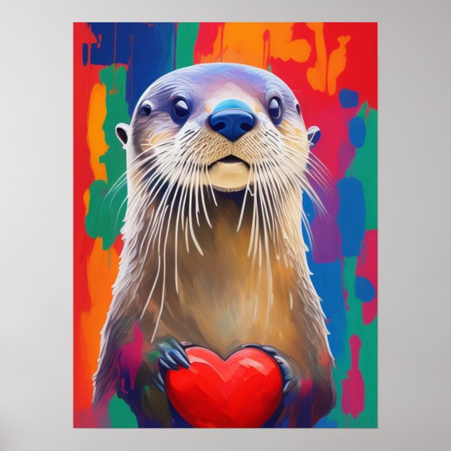 Poster Adorable Otter tenant le coeur rouge Saint Valenti (Devant)