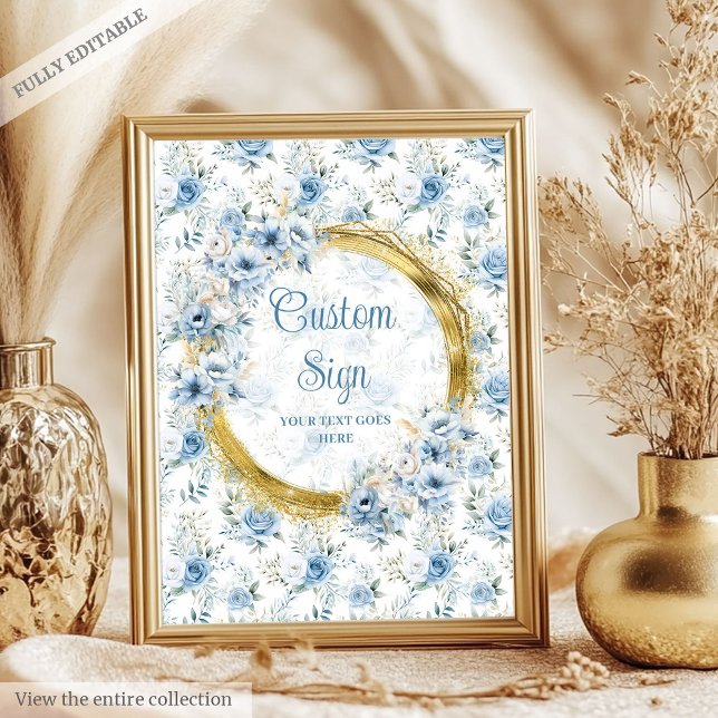 Poster Adorable pastel bleu fleurs or boho panneau person (Adorable pastel blue flowers gold boho custom sign)