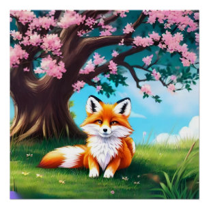 Poster Adorable Renard assis sous l'arbre
