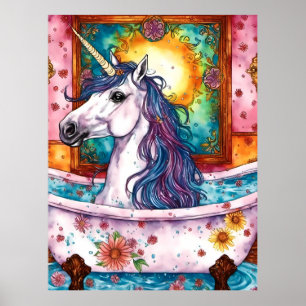 Poster Adorable Unicorn bleu et mauve mane dans le bain