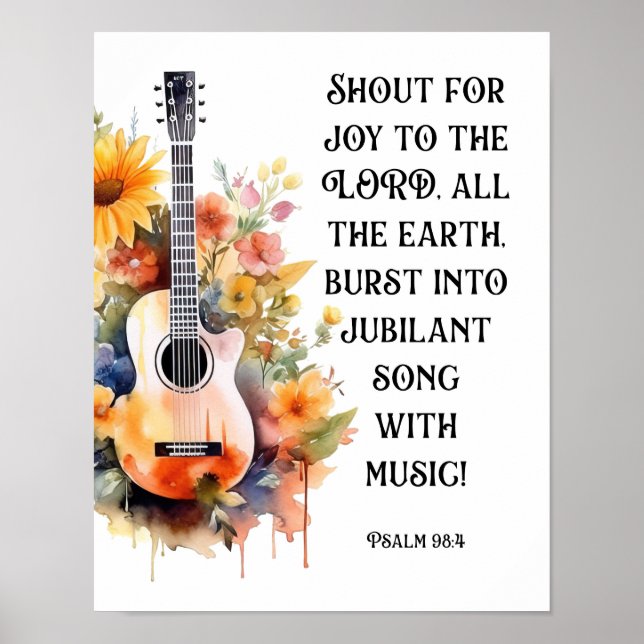Poster Adoration Aquarelle Florale Guitare Psaume 98:4 Po (Devant)