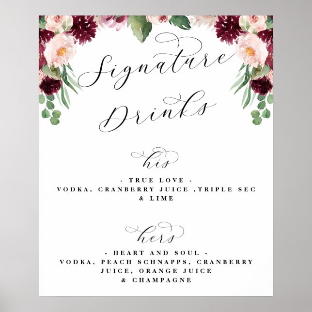 Poster Adore Floral Signature Boire Bar Mariage Menu Pann (Devant)