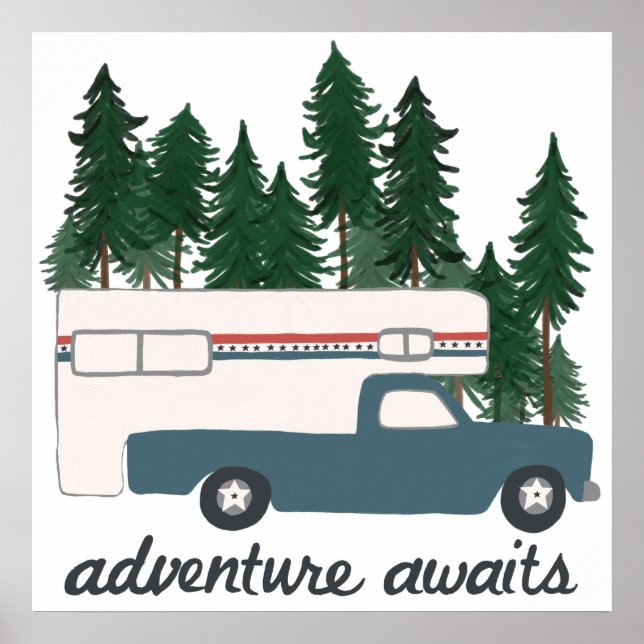 Poster Adventure Await Camping Camping Camping Camper Art (Devant)