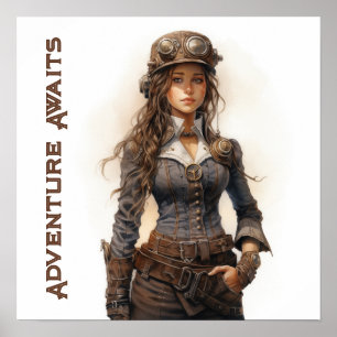 Poster Adventure Await Steampunk Jeune femme